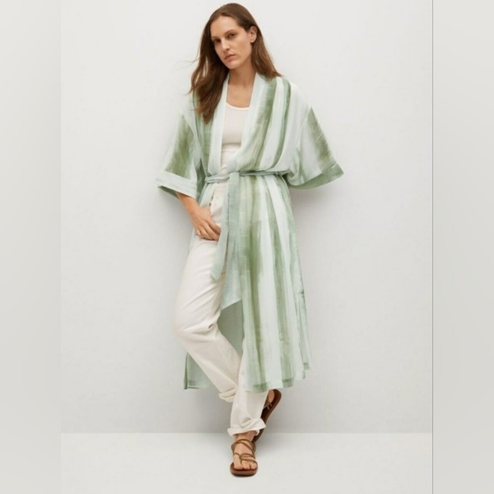 Mango MNG Pastel Tie Dye Green Kimono Dress Wrap Sz XS/S